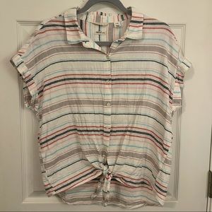 Weatherproof Vintage Womens Large Button Down Shirt White Stripe Front Knot